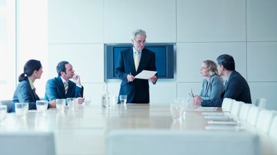 Business meeting with a presenter and attentive colleagues around a conference table.