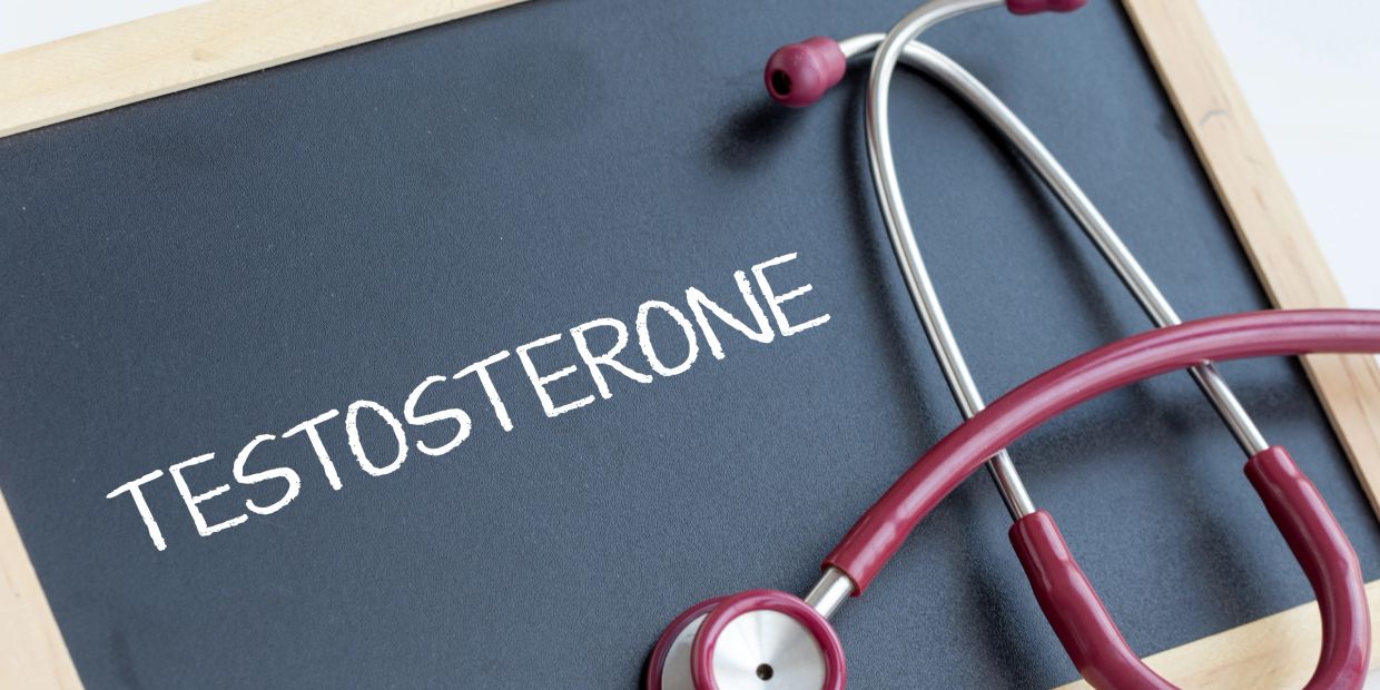 Chalkboard with the word Testosterone and a stethoscope.