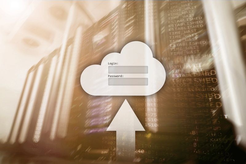 Cloud storage, data access, login and password request window on server room background. Internet and technology concept.