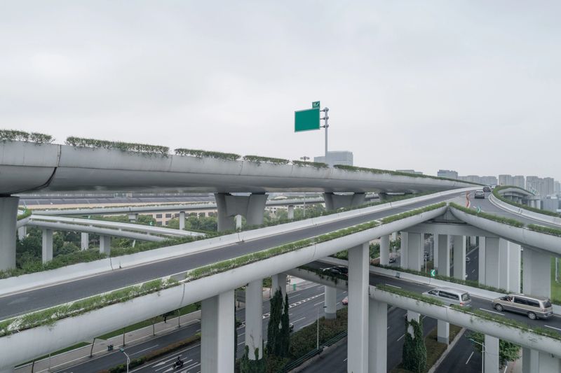Aerial view of elevated road and overpass in city