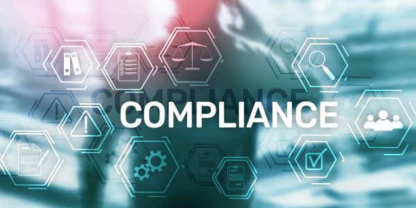 Digital compliance concept with icons and text.
