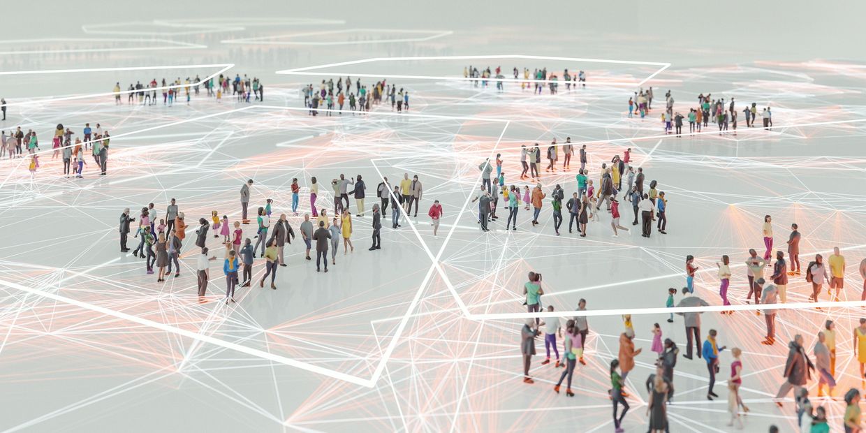 Group of people meeting in different network hubs