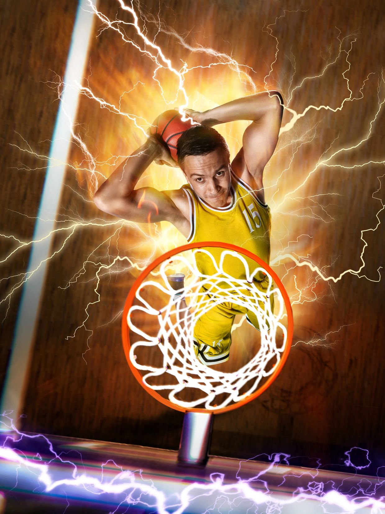 Dynamic basketball dunk with electrifying effects.