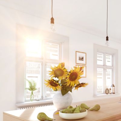 sun streaming through a window with sunflowers in the foreground