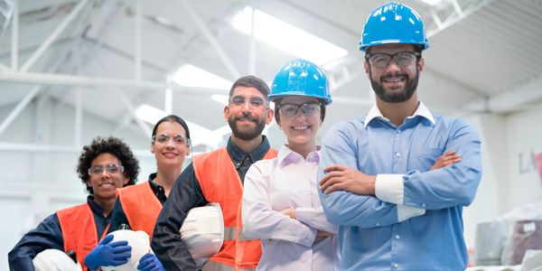 A diverse group of engineers and workers smiling in a warehouse.