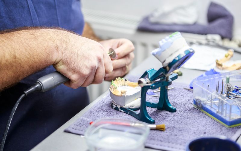 Dental technician working with articulator in dental lab. Dental technician works in the manufacture of a dental prosthesis