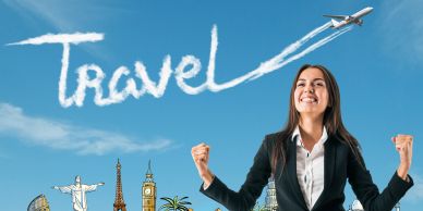 A women in a frame with Travel word in the background.