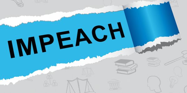 Bold word 'IMPEACH' on torn blue paper over legal-themed background.