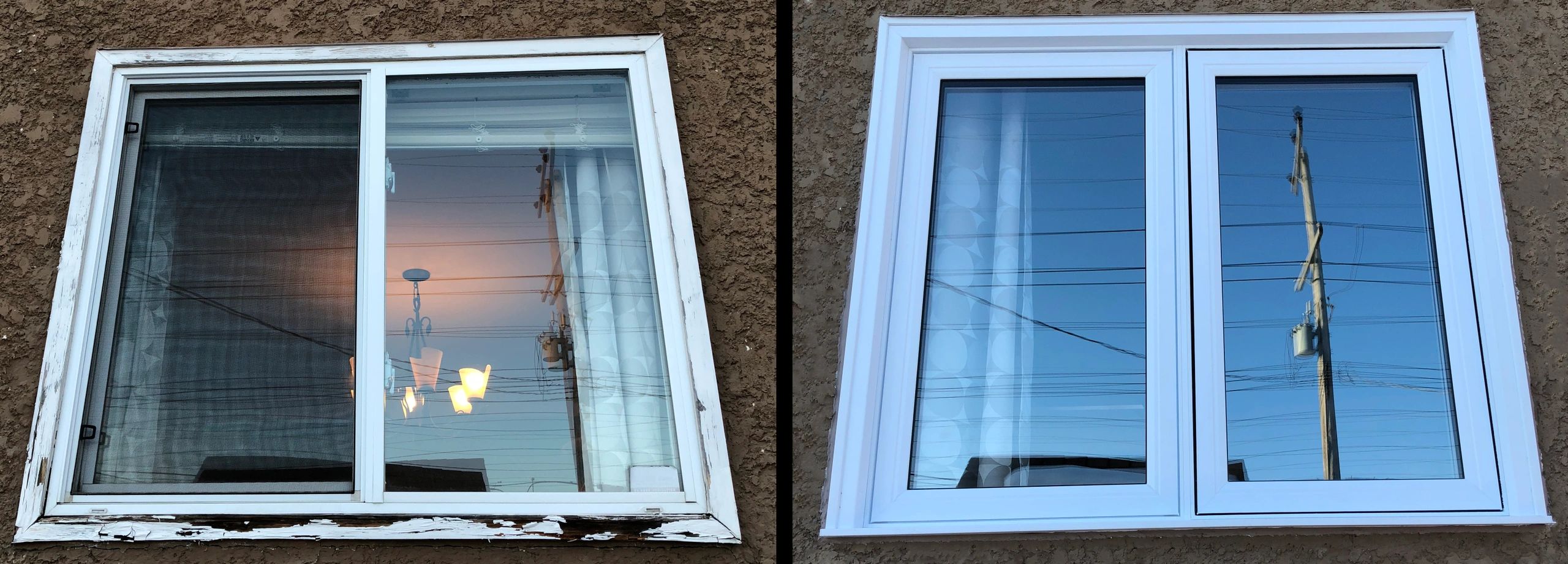 Comparison of old, worn window frame and new, pristine window frame.