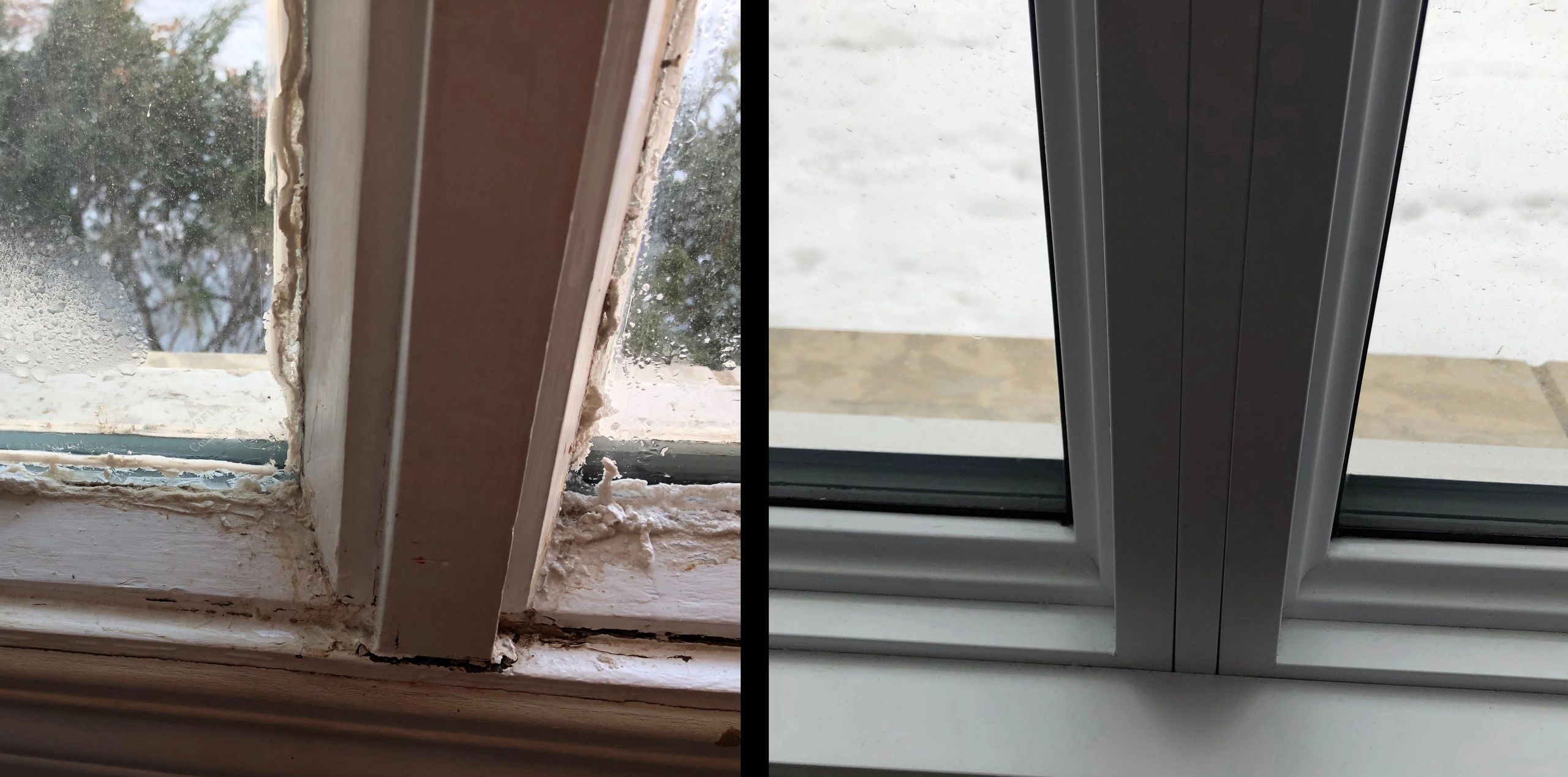 Close-up of old and new window frames showing weather damage and cleanliness.