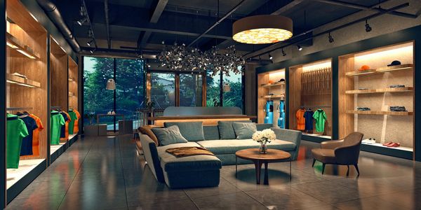 Modern retail space with cozy seating and colorful clothing displays.