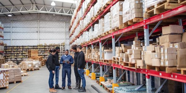 Four people standing in a warehouse filled with shelves of boxes.