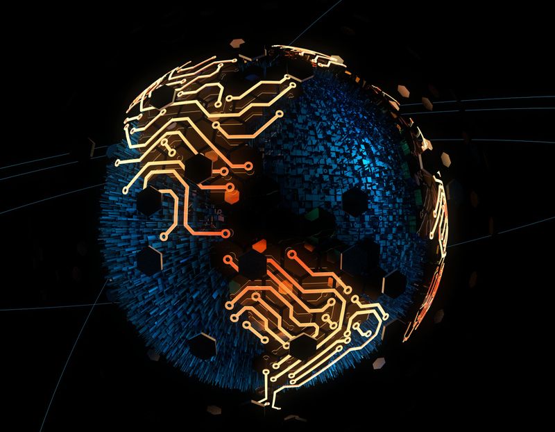 3D composite image, representing global technology and data connectivity, network communication.