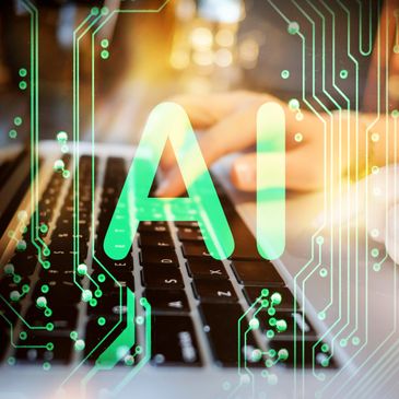 Hands typing on a laptop keyboard with AI and circuit board overlay.