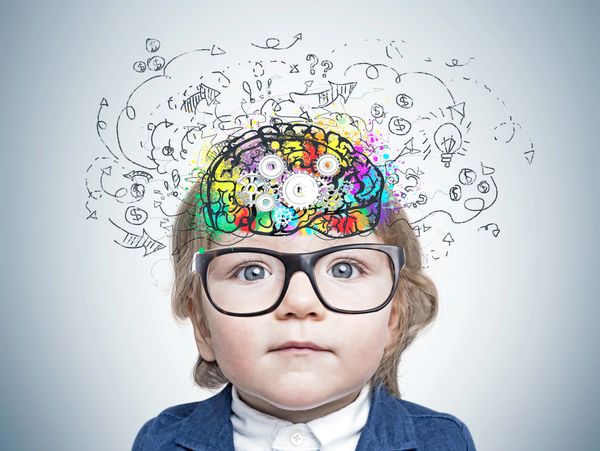 toddler wearing glasses with cartoon brain/gears overlay indicating intelligence and thoughts