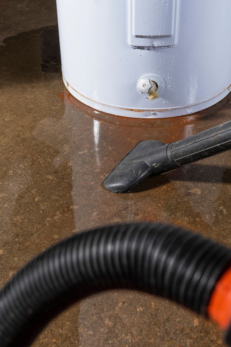A wet-dry vacuum being used to clean up water from a leaking residential electric water heater sitting on a concrete sitting on the concrete floor.