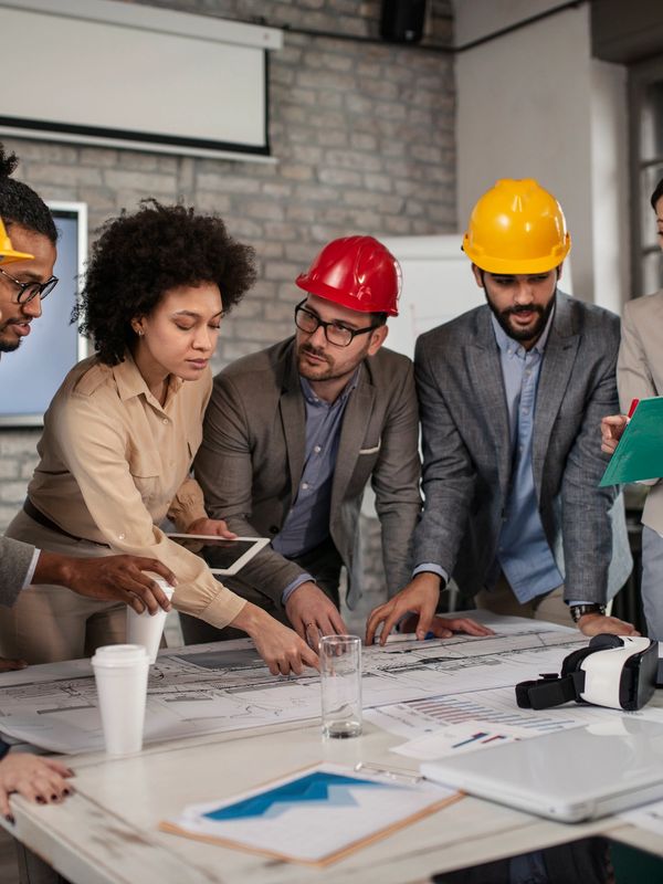 A diverse group of professionals discussing blueprints in an office.