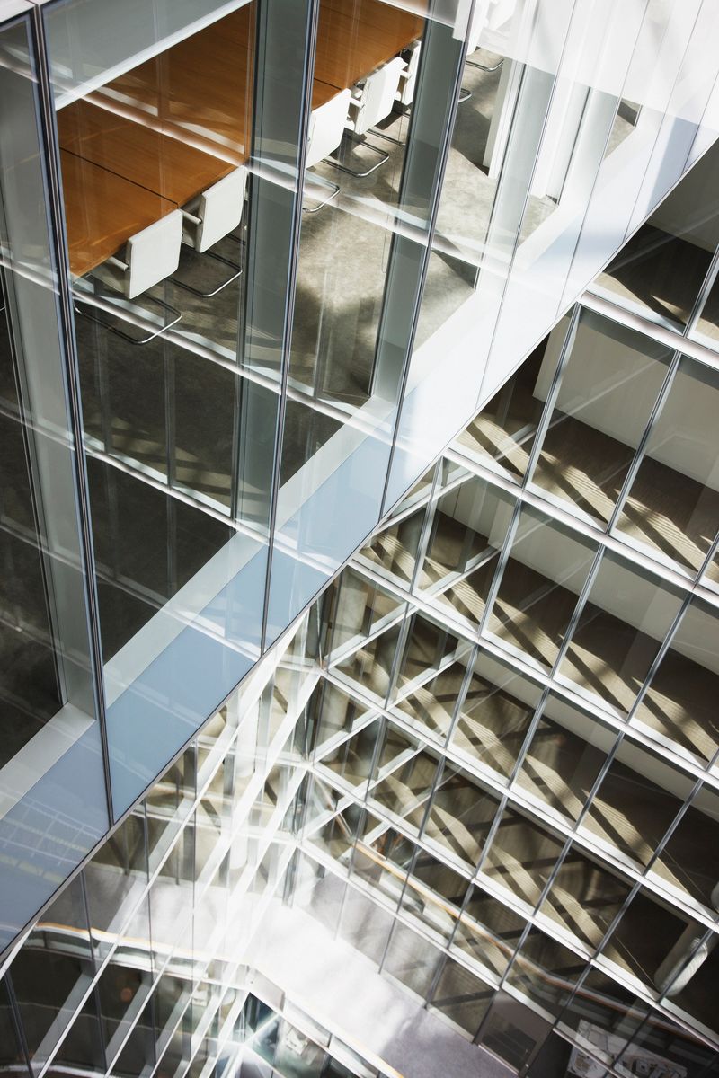 Atrium of modern glass office building