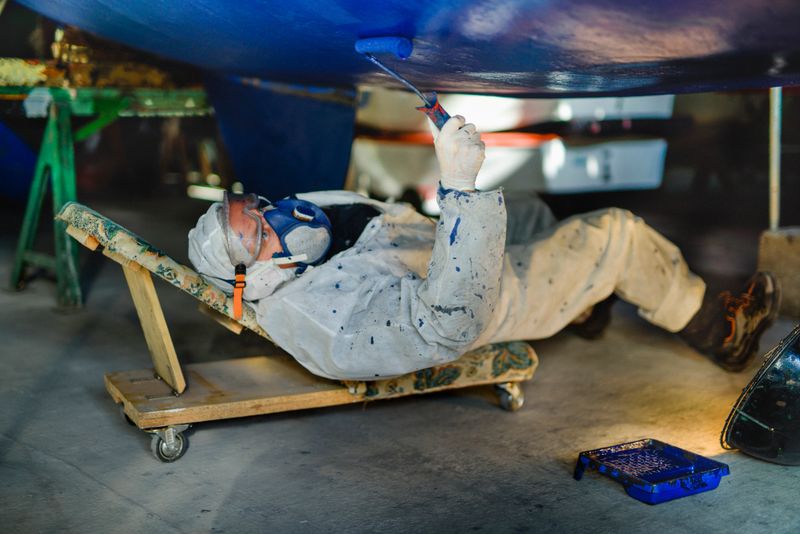 DIY, painting boat body of sailing yacht in boathouse, workshop, working, Germany