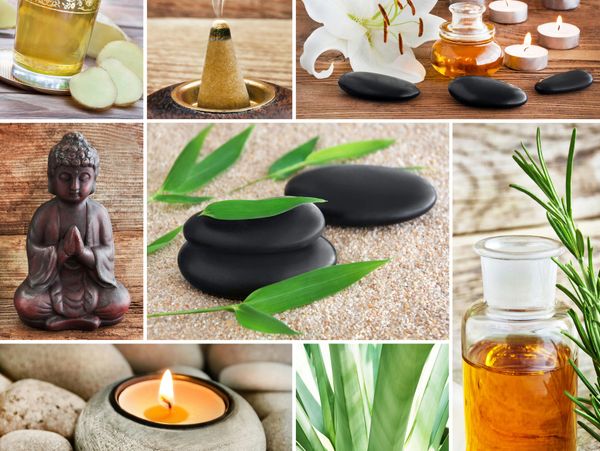A collage of spa and relaxation items including stones, candles, tea, and a Buddha statue.