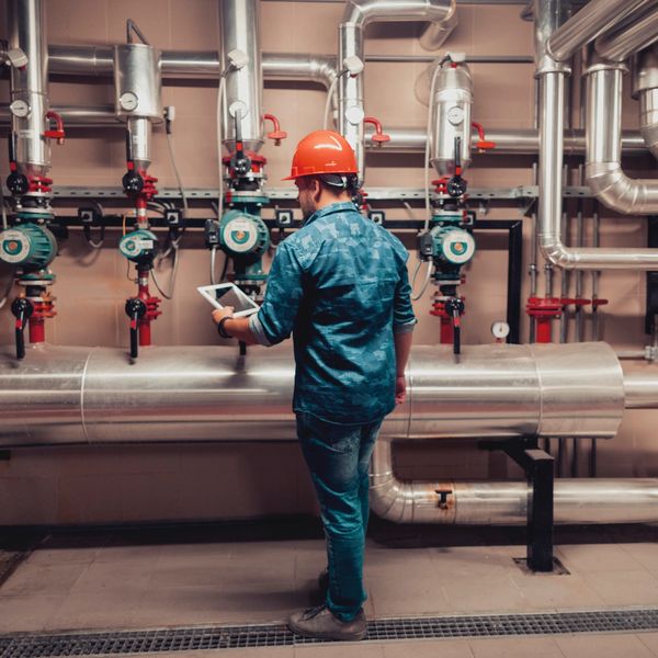 Technician in safety gear inspecting industrial pipes and valves with a tablet.