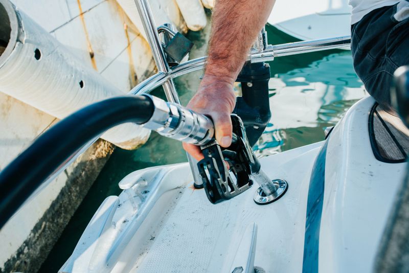 Close up of man fueling up boat by gas pump,Croatia