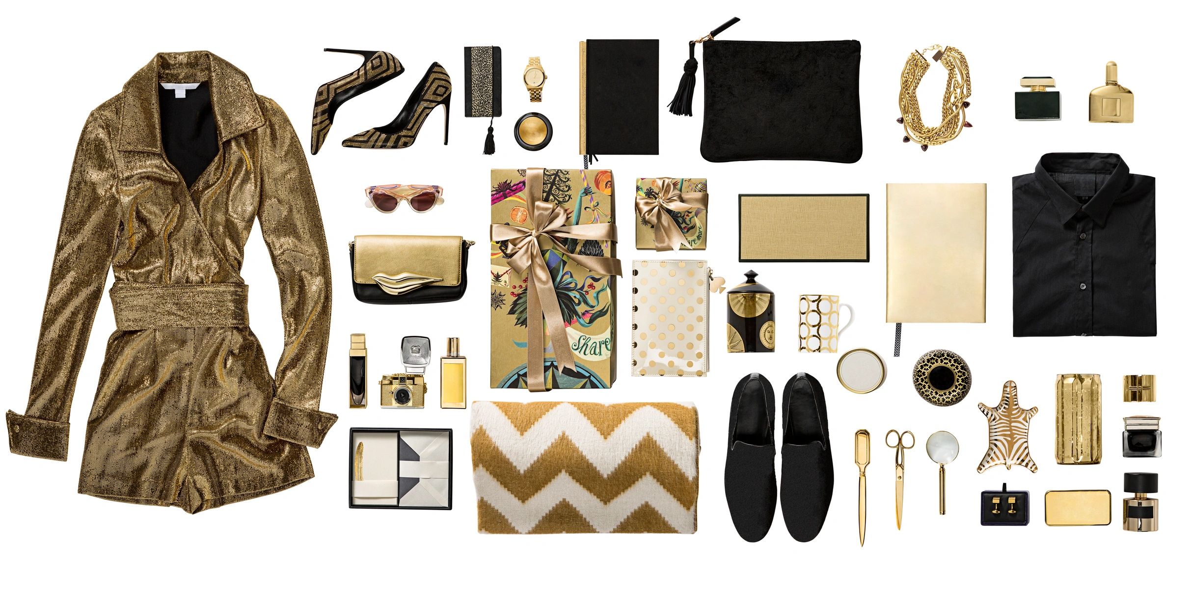 Fashion and lifestyle items in gold and black, including clothing, shoes, accessories, and gifts.