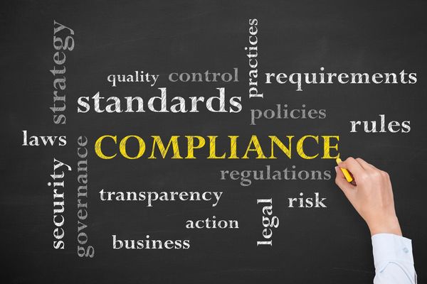chalkboard with the words laws, strategy, compliance, rules, legal, risk, quality control, security