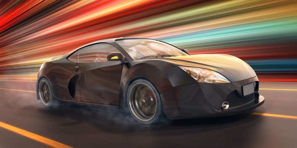 A sleek black sports car speeding with motion blur and smoke effects.