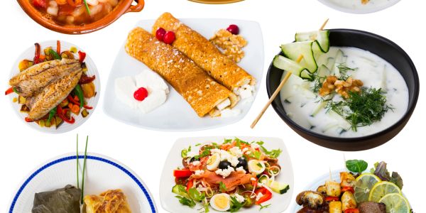 Variety of Russian traditional dishes displayed.