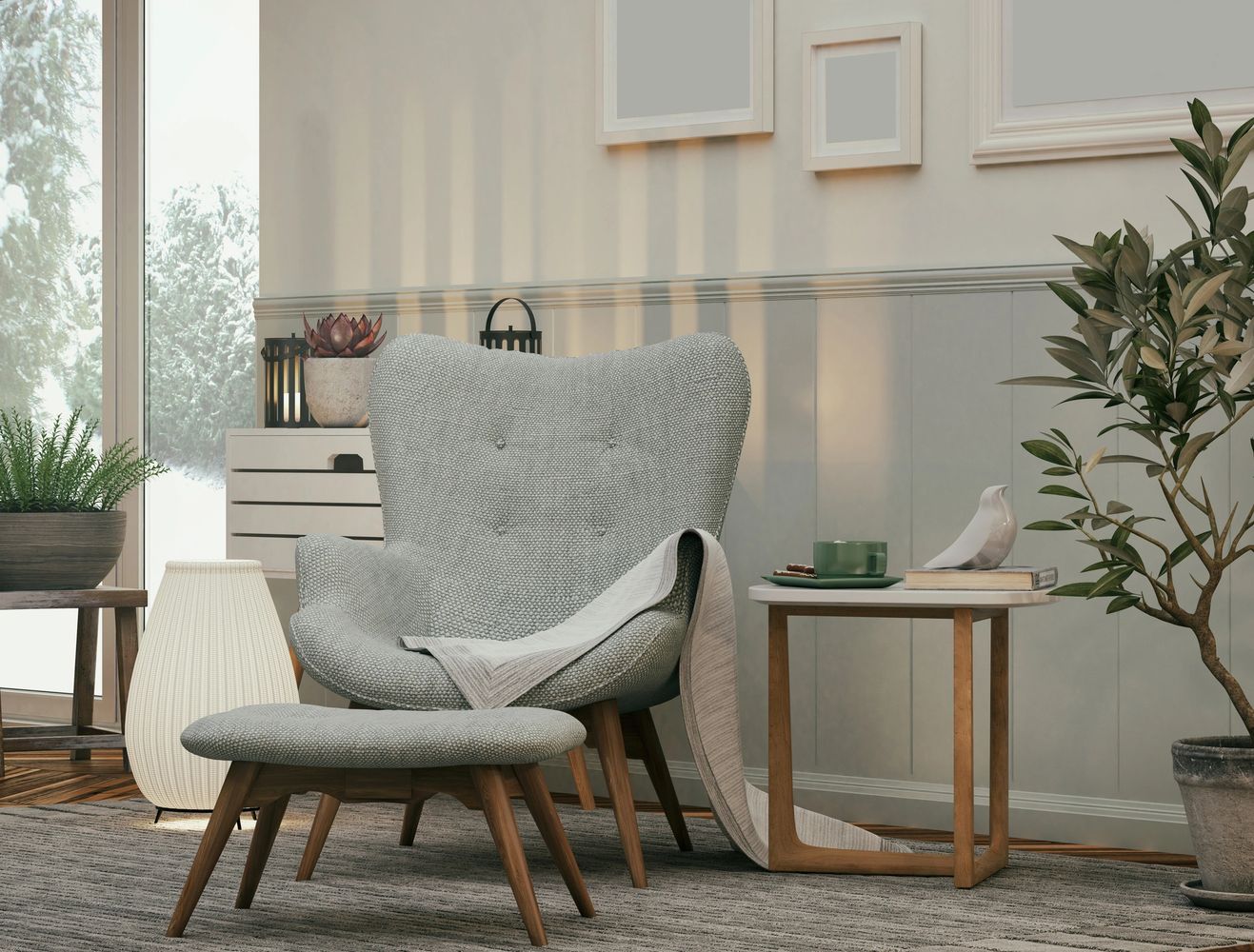 Cozy reading nook with a soft armchair, ottoman, and side table in a warm, stylish room.