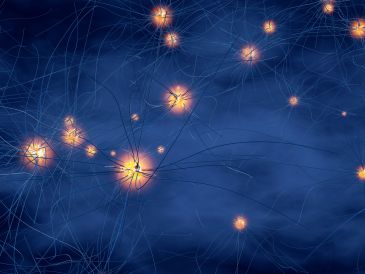Glowing neural network connections in a dark blue background.