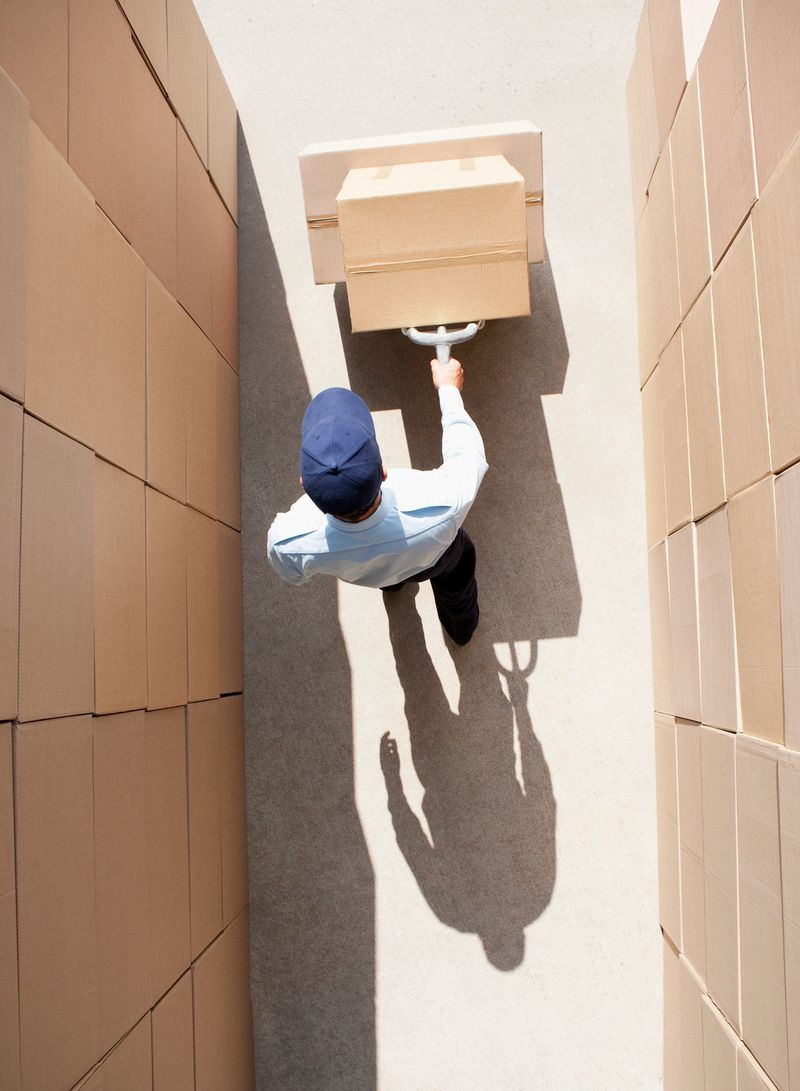Worker pushing boxes on hand truck