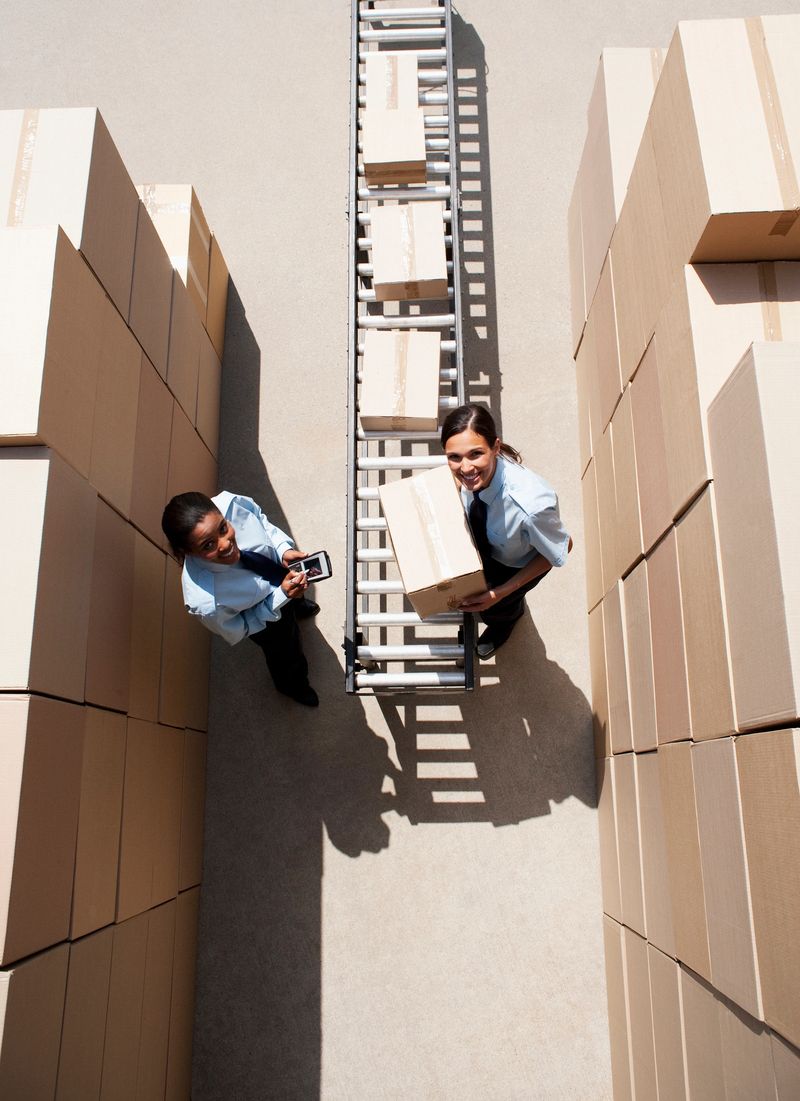 Workers putting boxes on conveyor belt