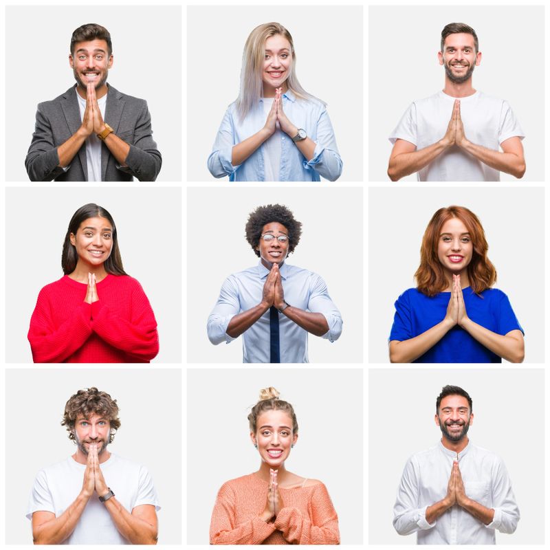 Collage of group of young people woman and men over isolated background praying with hands together asking for forgiveness smiling confident.