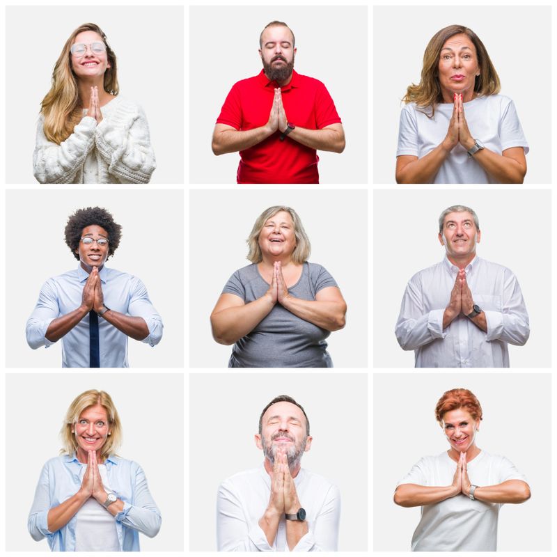 Collage of group of young, middle age and senior people over isolated background praying with hands together asking for forgiveness smiling confident.