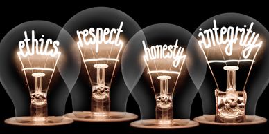 Light bulbs with words ethics, respect, honesty, and integrity inside.