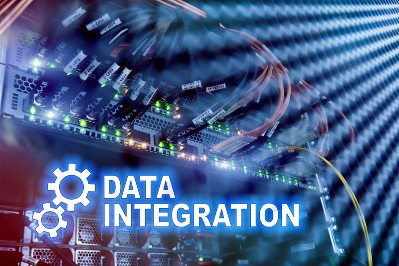 Data integration information technology concept on server room background