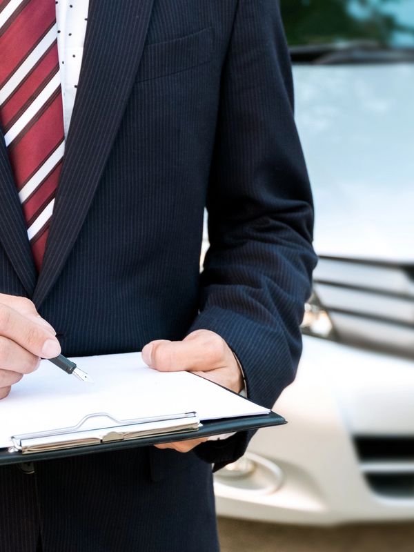 A person in suit writing on a clipboard near a car.
