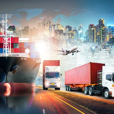 Cargo transport by ship, trucks, and airplane in a city.