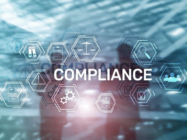 Digital compliance concept with business icons and silhouettes.