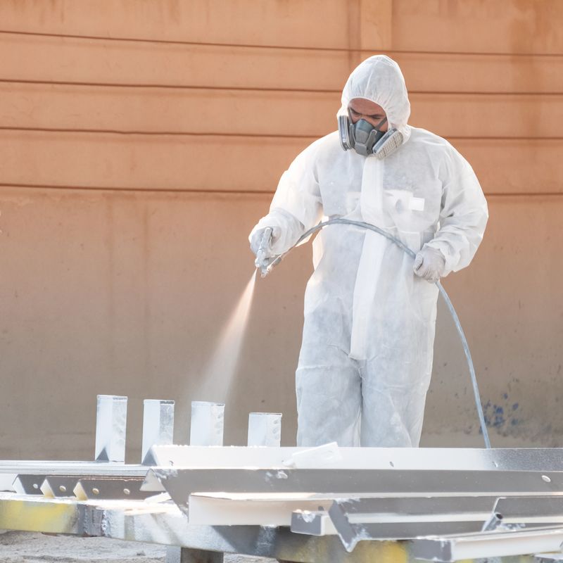worker painting a mechanical part with airless spray
