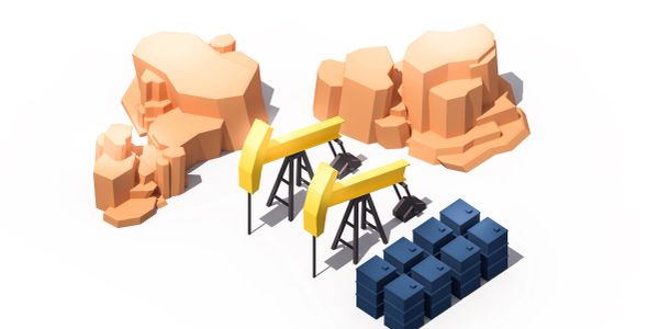 Oil rigs with barrels and desert rocks.
