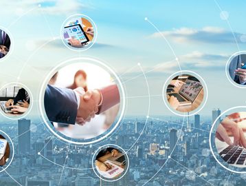 Digital business connections over cityscape.