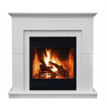 Modern white fireplace with burning logs.