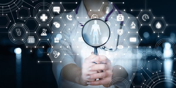 Doctor holding magnifying glass over digital medical icons and human figure.