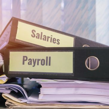 Files labeled Salaries and Payroll on a desk stack.