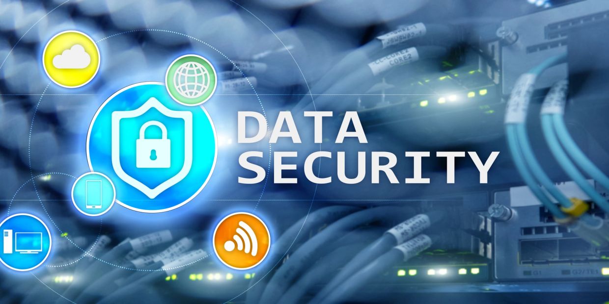Digital data security concept with network cables and security icons.
