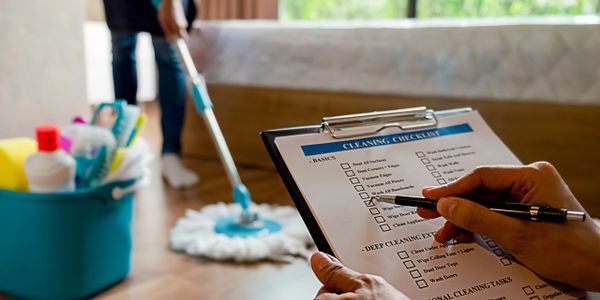 Person checking off a cleaning checklist while cleaning the property for depature back to Canada after spending the winder in florida.  Home security and property management by snowbird secure