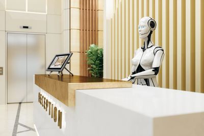 Humanoid robot receptionist at a modern desk.